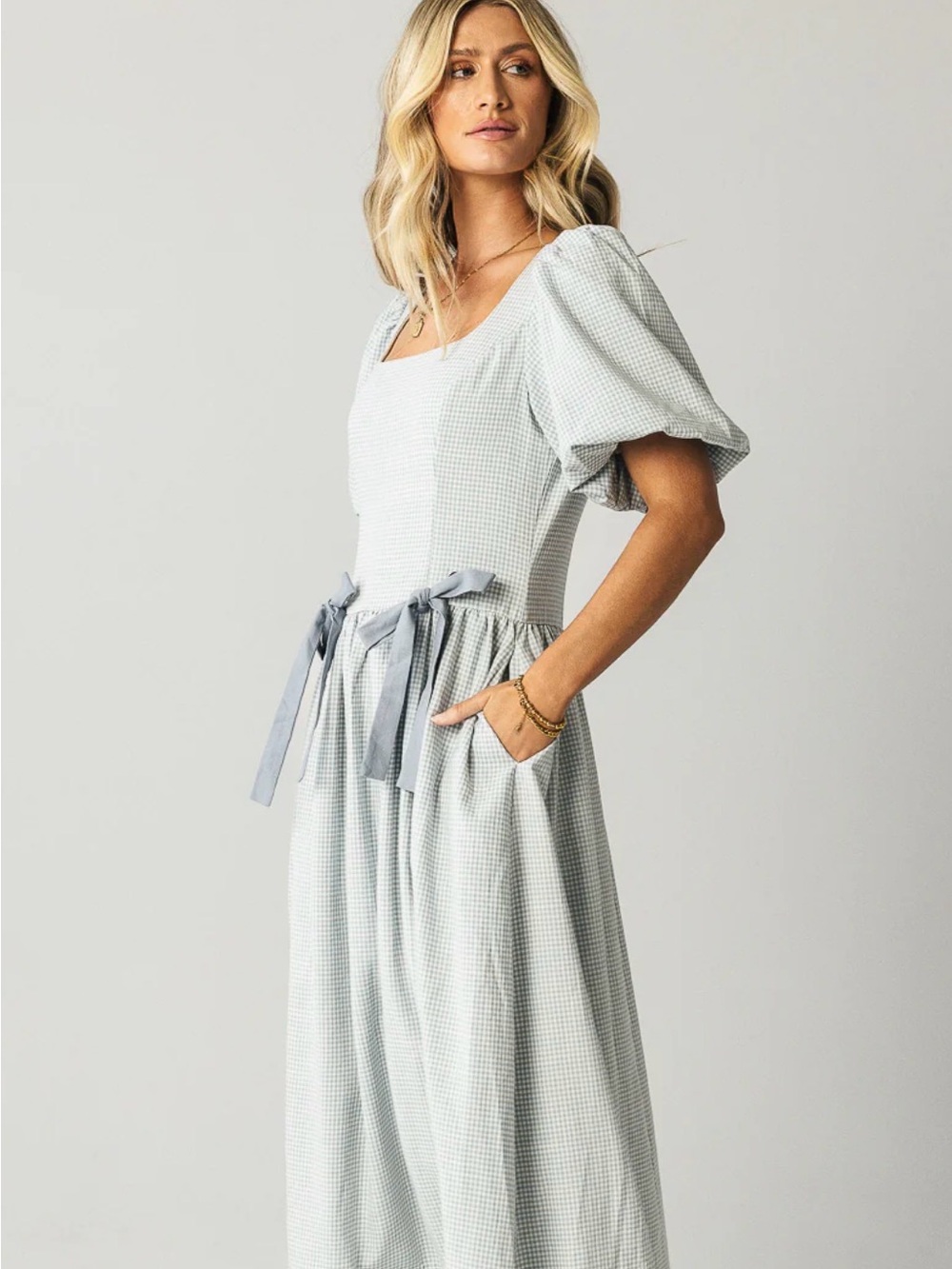 Boheme Light Blue Gingham Maxi Dress with Square Neck and Puff Sleeves - Picture 4 of 13